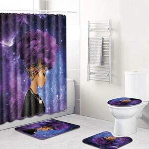 4 Piece Shower Curtain and Bathroom Mat Set Galaxy African Woman Design Purple